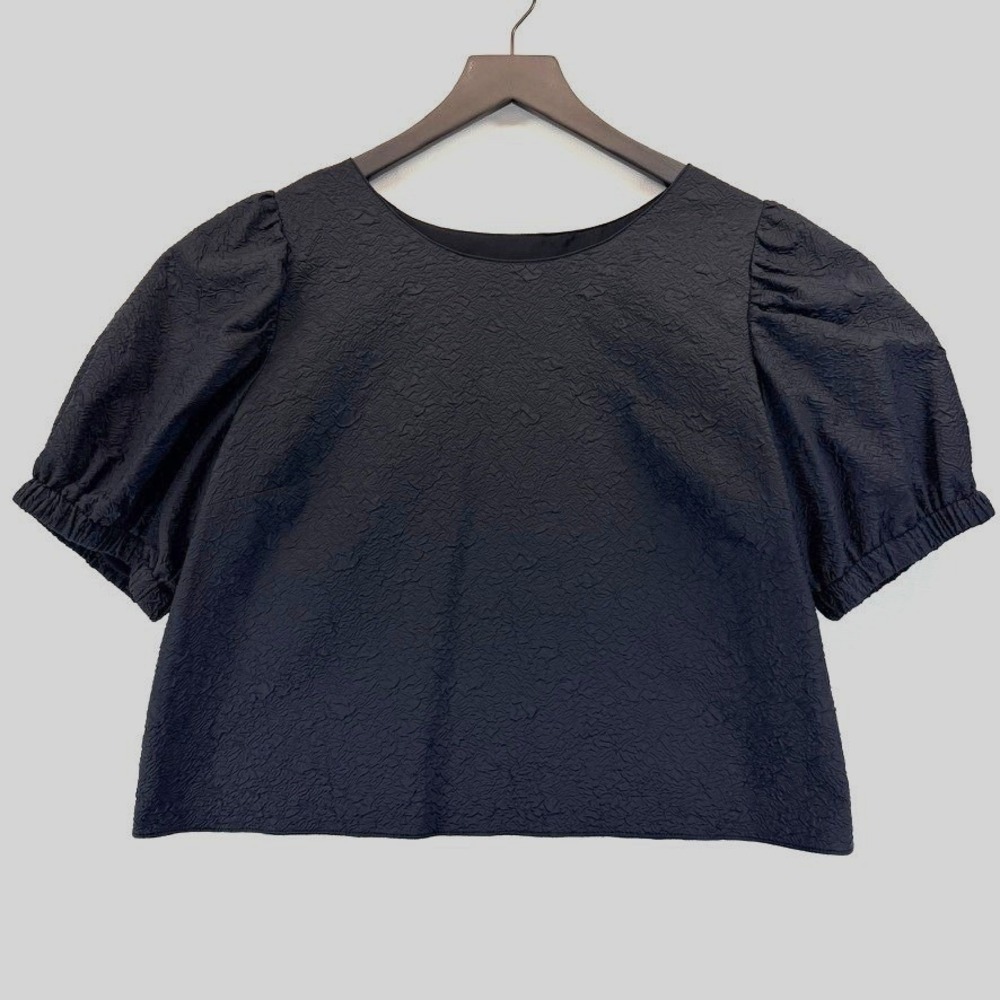 Amanda Uprichard Black Floral Jacquard Puff Sleeve Crop Top Size M